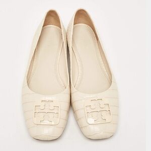 Tory Burch Cream Croc-Embossed Logo Square-Toe Flats